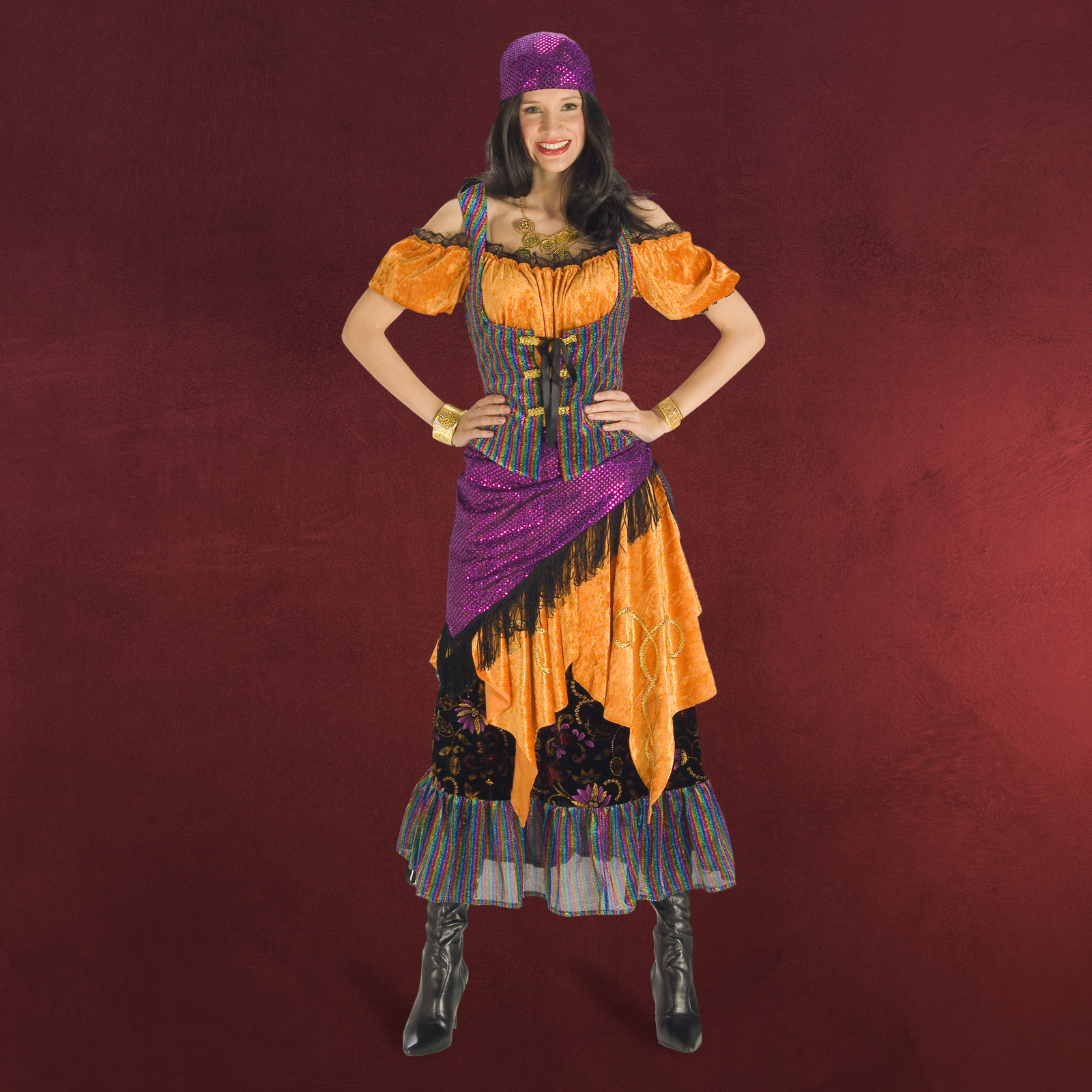 Fasching Damen Kostüm Gypsy Hippie Look 3teilig (bunt)