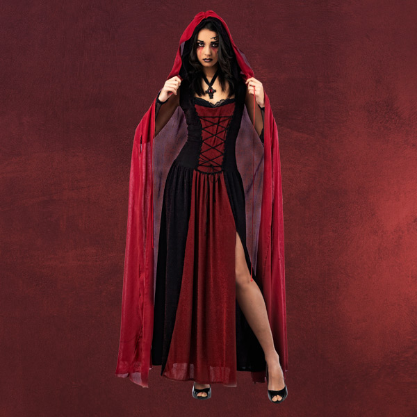 Rotkäppchen Vampir Kapuzenumhang, roter Mantel mit Schnürung, knöchellang